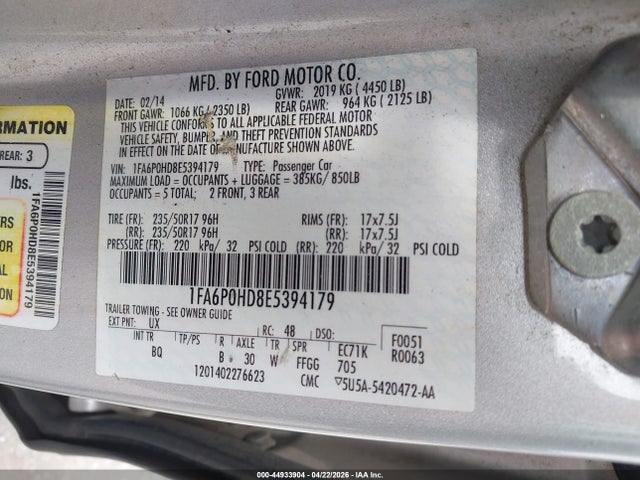 44933904 :رقم المزاد ، 1FA6P0HD8E5394179 vin ، 2014 Ford Fusion Se مزاد بيع