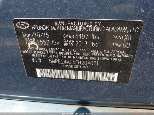 44933906 :رقم المزاد ، 5NPE24AFXFH204021 vin ، 2015 Hyundai Sonata Se مزاد بيع