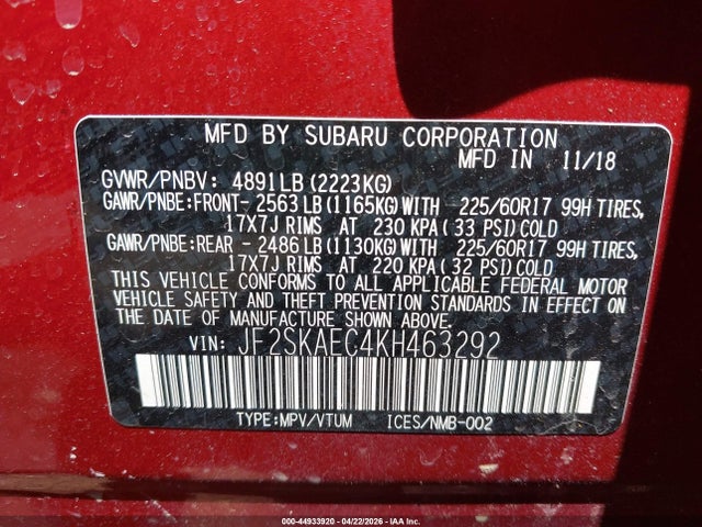 44933920 :رقم المزاد ، JF2SKAEC4KH463292 vin ، 2019 Subaru Forester Premium مزاد بيع