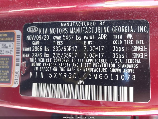 Aukcja sprzedaży 2021 Kia Sorento Lx, vin: 5XYRGDLC3MG011073, numer aukcji: 44933927