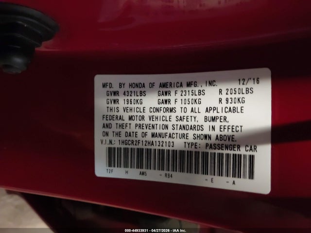 2017 Honda Accord Sport Se მანქანა იყიდება აუქციონზე, vin: 1HGCR2F12HA132103, აუქციონის ნომერი: 44933931