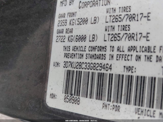 44933936 :رقم المزاد ، 3D7KU28C33G829464 vin ، 2003 Dodge Ram 2500 Slt/laramie/st مزاد بيع