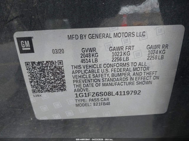 2020 Chevrolet Bolt Ev Fwd Premier მანქანა იყიდება აუქციონზე, vin: 1G1FZ6S08L4119792, აუქციონის ნომერი: 44933941