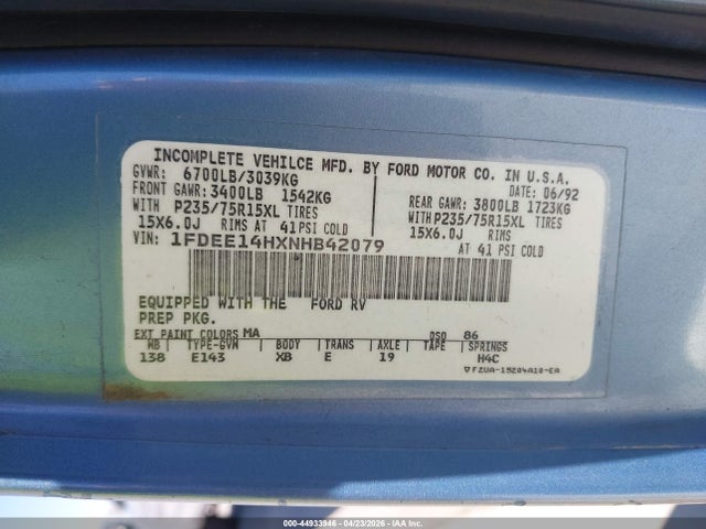 Aukcja sprzedaży 1992 Ford Econoline E150 Van, vin: 1FDEE14HXNHB42079, numer aukcji: 44933946