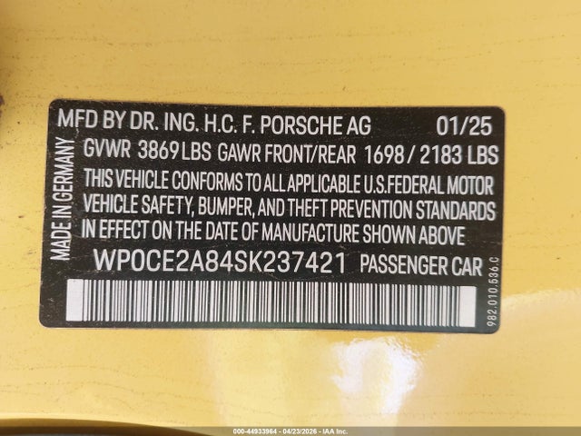 Продаж на аукціоні авто 2025 Porsche 718 Spyder Rs, vin: WP0CE2A84SK237421, номер лоту: 44933964