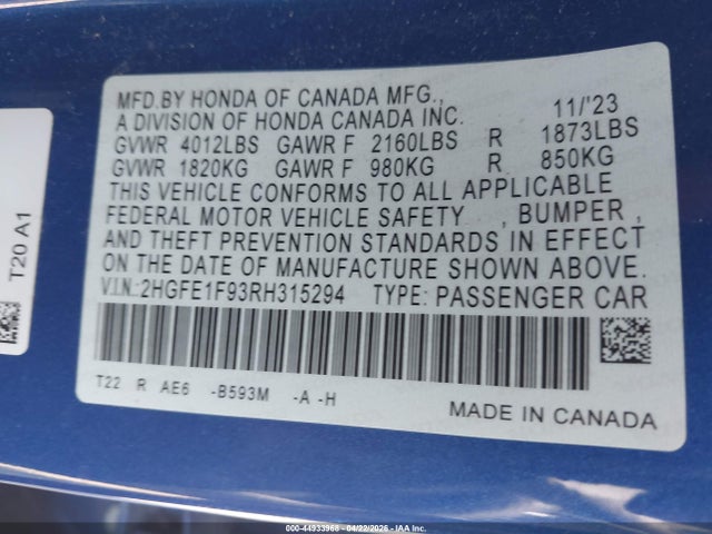 Продаж на аукціоні авто 2024 Honda Civic Touring, vin: 2HGFE1F93RH315294, номер лоту: 44933968