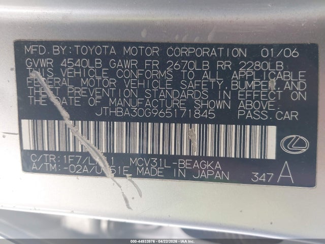 Продажа на аукционе авто 2006 Lexus Es 330, vin: JTHBA30G965171845, номер лота: 44933976