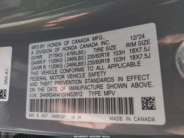 2025 Honda Cr-v Ex Awd მანქანა იყიდება აუქციონზე, vin: 2HKRS4H41SH452612, აუქციონის ნომერი: 44933978