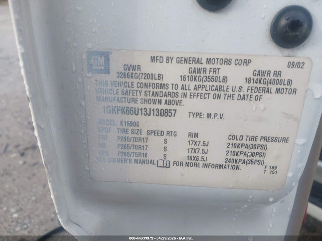 44933979 :رقم المزاد ، 1GKFK66U13J130857 vin ، 2003 Gmc Yukon Xl 1500 Denali مزاد بيع