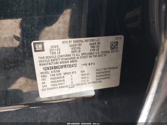 Продаж на аукціоні авто 2015 Chevrolet Tahoe Lt, vin: 1GNSKBKC8FR735472, номер лоту: 44934006