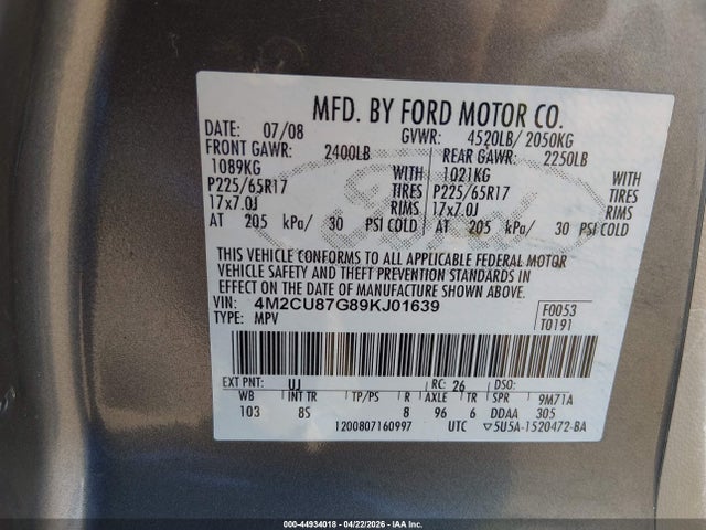 2009 Mercury Mariner Premier V6 მანქანა იყიდება აუქციონზე, vin: 4M2CU87G89KJ01639, აუქციონის ნომერი: 44934018