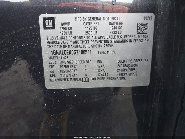 Продаж на аукціоні авто 2016 Chevrolet Equinox Lt, vin: 1GNALCEK0GZ100541, номер лоту: 44934020