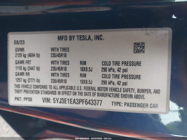Продаж на аукціоні авто 2023 Tesla Model 3 Rear-wheel Drive, vin: 5YJ3E1EA3PF643377, номер лоту: 44934035