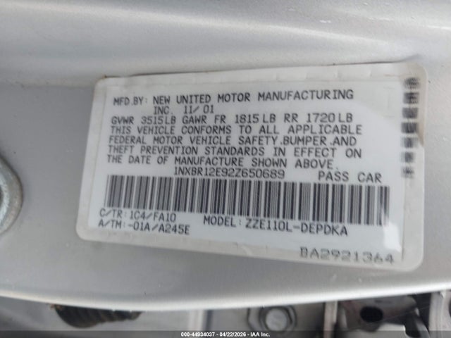 2002 Toyota Corolla Le მანქანა იყიდება აუქციონზე, vin: 1NXBR12E92Z650689, აუქციონის ნომერი: 44934037