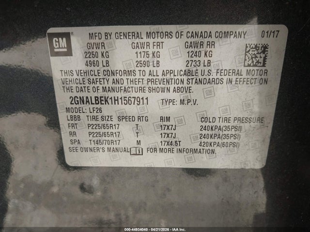 Продажа на аукционе авто 2017 Chevrolet Equinox Ls, vin: 2GNALBEK1H1567911, номер лота: 44934040