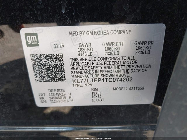 44934046 :رقم المزاد ، KL77LJEP4TC074202 vin ، 2026 Chevrolet Trax Fwd 2rs مزاد بيع