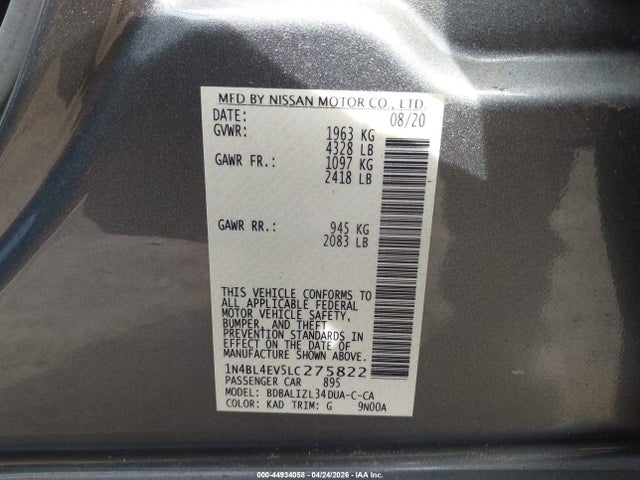Продаж на аукціоні авто 2020 Nissan Altima Sl Fwd, vin: 1N4BL4EV5LC275822, номер лоту: 44934058