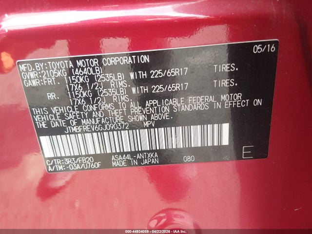 44934059 :رقم المزاد ، JTMBFREV6GJ090372 vin ، 2016 Toyota Rav4 Le مزاد بيع