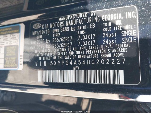 Auction sale of the 2017 Kia Sorento 3.3l Lx, vin: 5XYPG4A54HG202227, lot number: 44934064