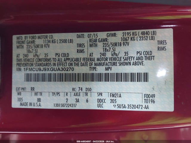 1FMCU9J9XGUA30270 Ford Escape Titanium