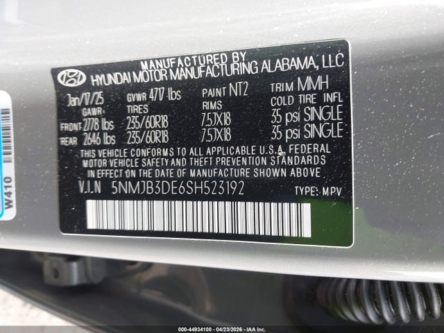 44934100 :رقم المزاد ، 5NMJB3DE6SH523192 vin ، 2025 Hyundai Tucson Sel مزاد بيع