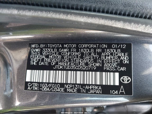 2012 Toyota Yaris Le მანქანა იყიდება აუქციონზე, vin: JTDKTUD35CD520719, აუქციონის ნომერი: 44934133