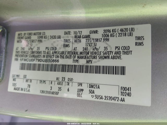 44934134 :رقم المزاد ، 1FMCU0F79DUB50866 vin ، 2013 Ford Escape S مزاد بيع