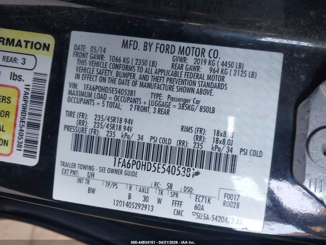 Продажа на аукционе авто 2014 Ford Fusion Se, vin: 1FA6P0HD5E5405381, номер лота: 44934151