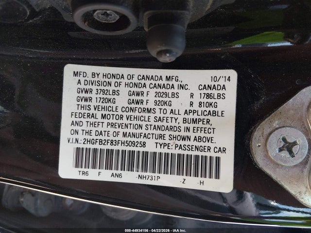 Aukcja sprzedaży 2015 Honda Civic Ex, vin: 2HGFB2F83FH509258, numer aukcji: 44934156