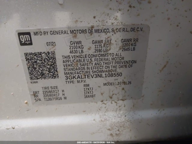 44934170 :رقم المزاد ، 3GKALTEV3NL108550 vin ، 2022 Gmc Terrain Awd Sle مزاد بيع