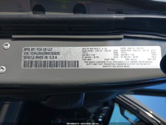 2022 Jeep Wrangler Sport S 4x4 მანქანა იყიდება აუქციონზე, vin: 1C4HJXAG9NW253620, აუქციონის ნომერი: 44934172