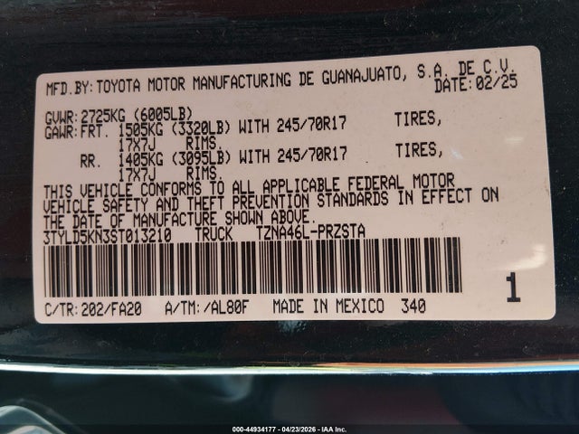 Продажа на аукционе авто 2025 Toyota Tacoma Sr, vin: 3TYLD5KN3ST013210, номер лота: 44934177