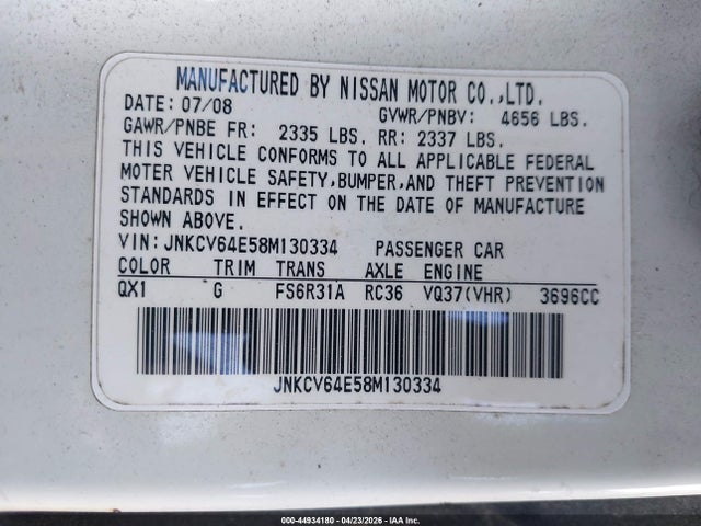 44934180 :رقم المزاد ، JNKCV64E58M130334 vin ، 2008 Infiniti G37 Sport مزاد بيع
