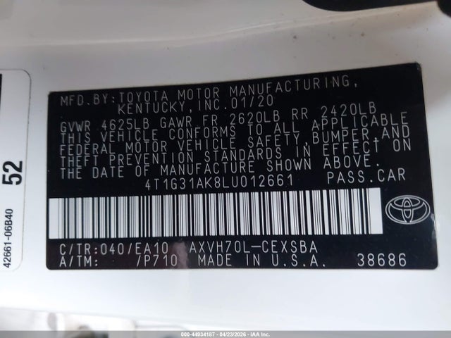 Aukcja sprzedaży 2020 Toyota Camry Se Hybrid, vin: 4T1G31AK8LU012661, numer aukcji: 44934187