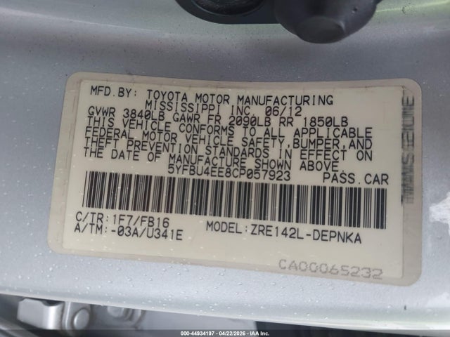 2012 Toyota Corolla Le მანქანა იყიდება აუქციონზე, vin: 5YFBU4EE8CP057923, აუქციონის ნომერი: 44934197