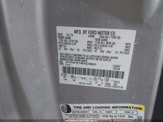 44934198 :رقم المزاد ، 1FTFW1ET4EKD39843 vin ، 2014 Ford F-150 Fx4 مزاد بيع