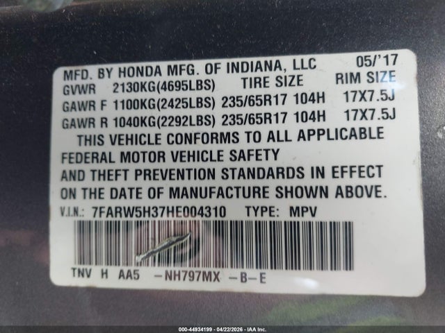 44934199 :رقم المزاد ، 7FARW5H37HE004310 vin ، 2017 Honda Cr-v Lx مزاد بيع