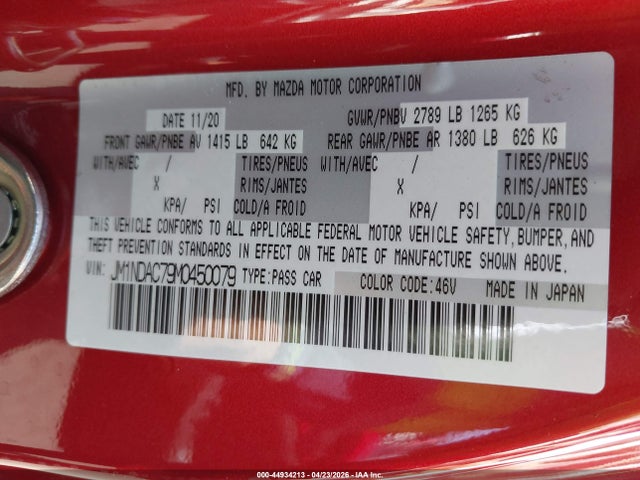 44934213 :رقم المزاد ، JM1NDAC79M0450079 vin ، 2021 Mazda Mx-5 Miata Club مزاد بيع