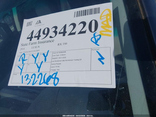 Продажа на аукционе авто 2014 Lexus Rx 350, vin: JTJZK1BA2E2012849, номер лота: 44934220