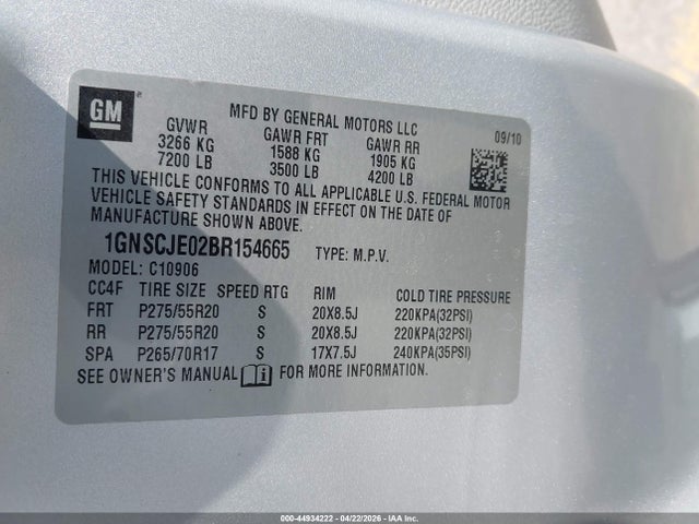 Aukcja sprzedaży 2011 Chevrolet Suburban 1500 Lt1, vin: 1GNSCJE02BR154665, numer aukcji: 44934222