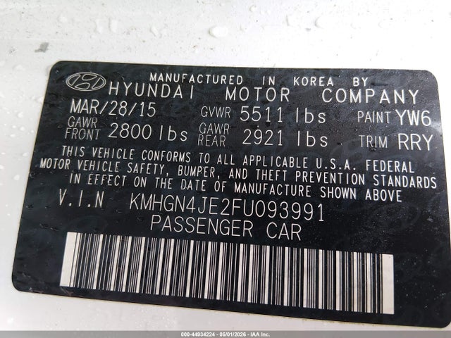 Aukcja sprzedaży 2015 Hyundai Genesis 3.8, vin: KMHGN4JE2FU093991, numer aukcji: 44934224