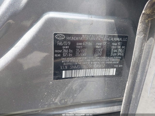 Aukcja sprzedaży 2019 Hyundai Santa Fe Sel, vin: 5NMS33AD3KH085857, numer aukcji: 44934234