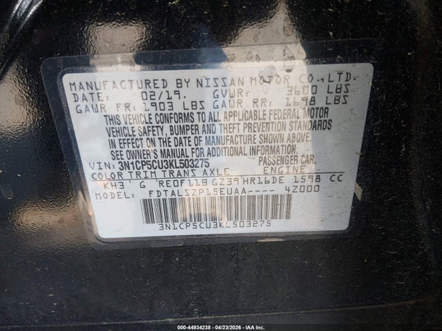 2019 Nissan Kicks Sv მანქანა იყიდება აუქციონზე, vin: 3N1CP5CU3KL503275, აუქციონის ნომერი: 44934238