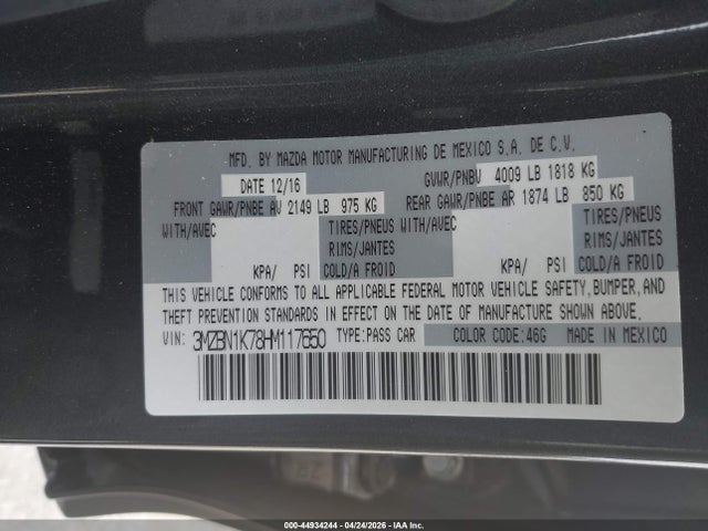Продаж на аукціоні авто 2017 Mazda Mazda3 Sport, vin: 3MZBN1K78HM117650, номер лоту: 44934244