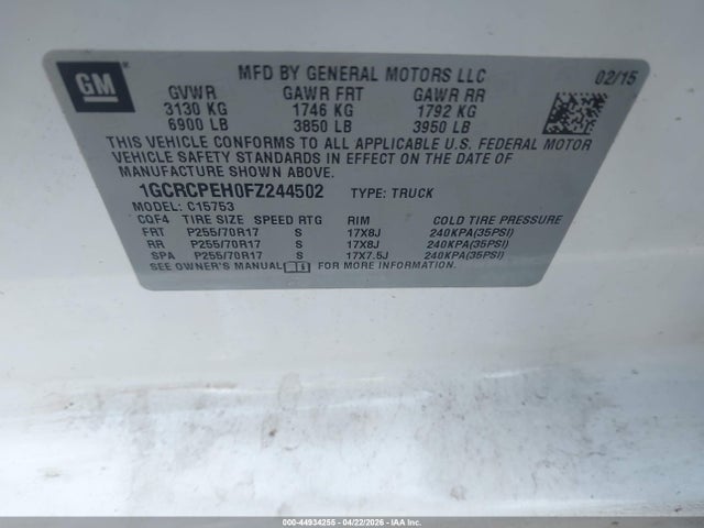 2015 Chevrolet Silverado 1500 Wt მანქანა იყიდება აუქციონზე, vin: 1GCRCPEH0FZ244502, აუქციონის ნომერი: 44934255