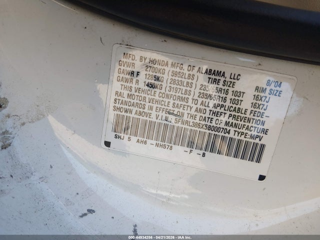 44934256 :رقم المزاد ، 5FNRL386X5B000704 vin ، 2005 Honda Odyssey Ex-l مزاد بيع