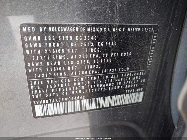 44934258 :رقم المزاد ، 3VVRB7AX7PM044642 vin ، 2023 Volkswagen Tiguan 2.0t S مزاد بيع