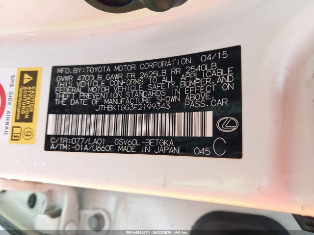 44934270 :رقم المزاد ، JTHBK1GG3F2199343 vin ، 2015 Lexus Es 350 مزاد بيع