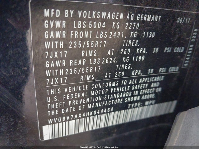 2017 Volkswagen Tiguan 2.0t/2.0t S მანქანა იყიდება აუქციონზე, vin: WVGBV7AX4HK044464, აუქციონის ნომერი: 44934276