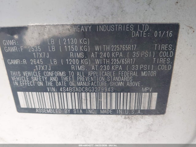 Aukcja sprzedaży 2016 Subaru Outback 2.5i Premium, vin: 4S4BSADC8G3279943, numer aukcji: 44934277